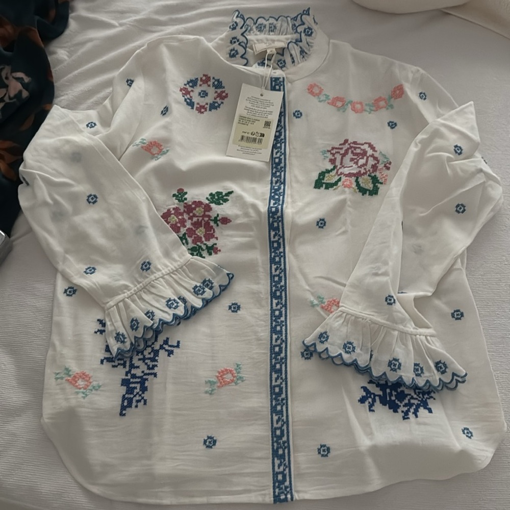 Sézane x Andion embroidered riny button down top blouse sz US 6 - Picture 6 of 7